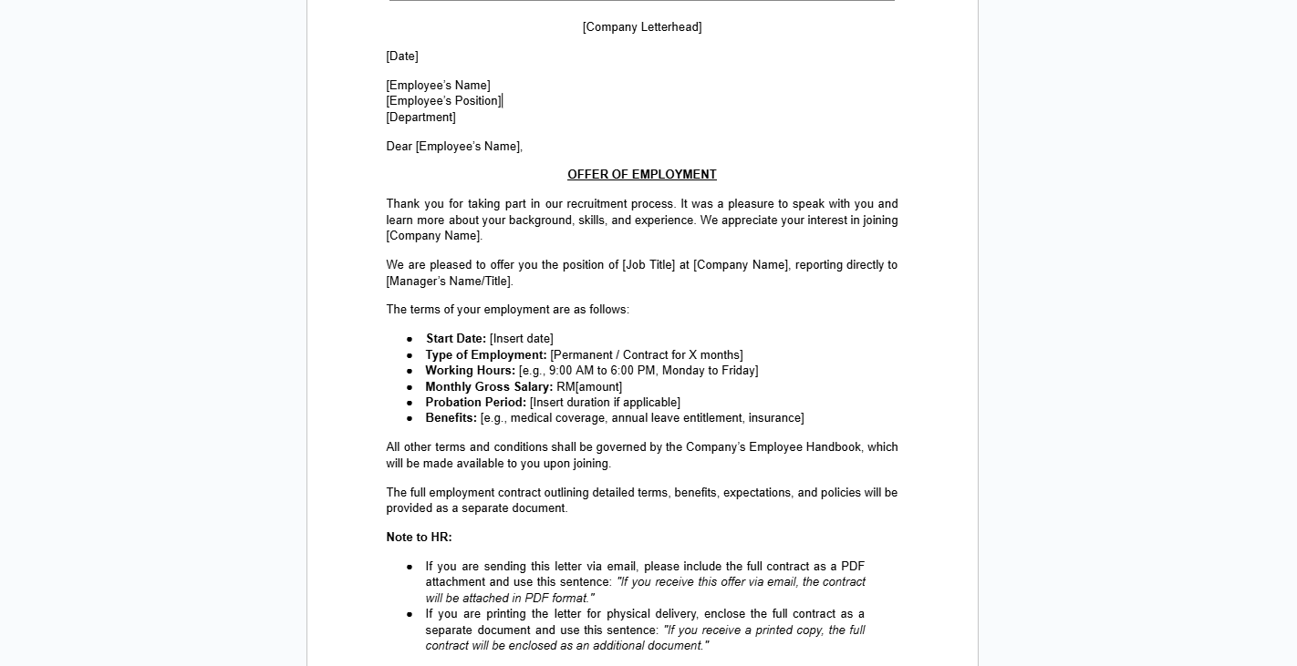 Employment Contract Letter Template